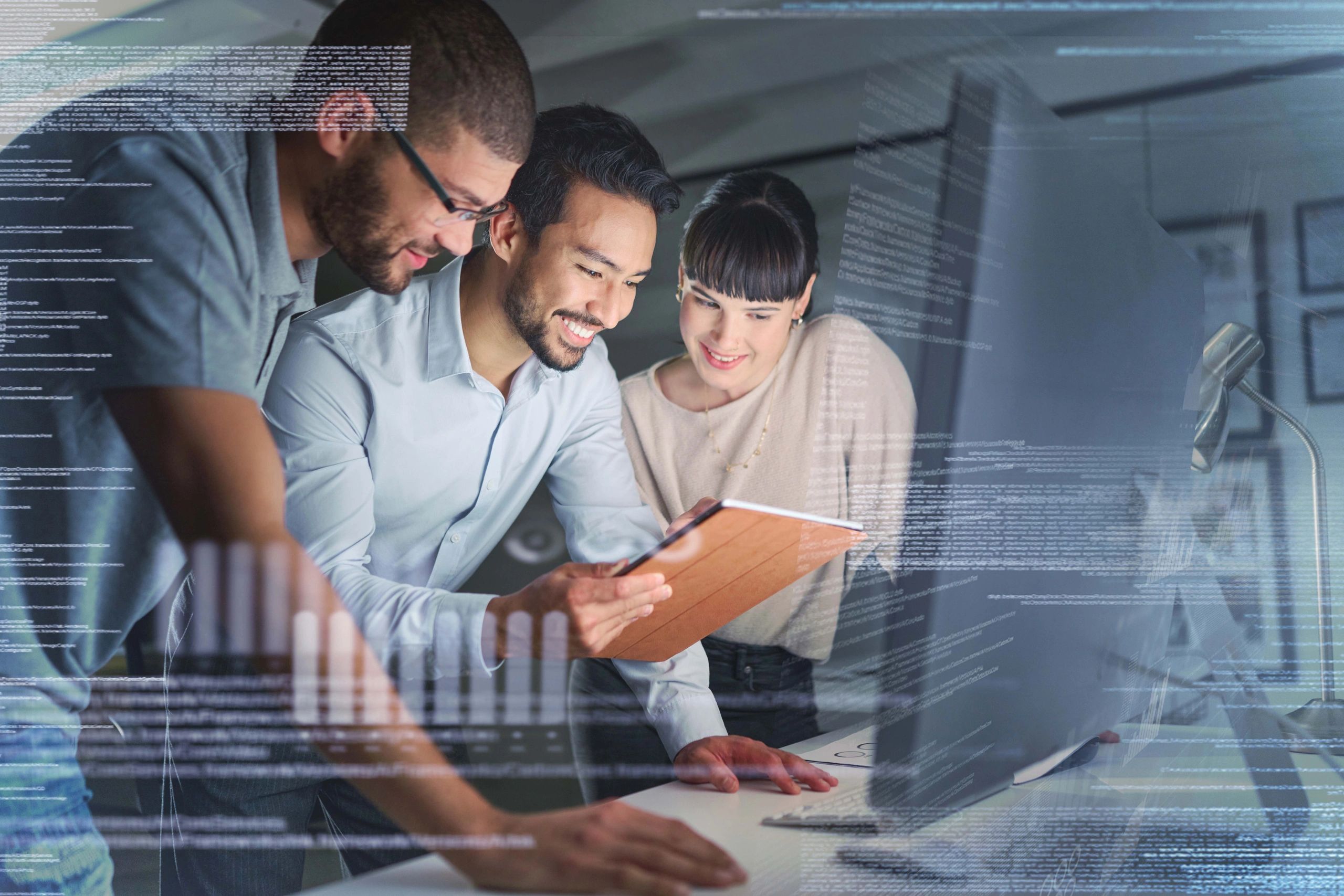 Business people, coding and information technology with computer